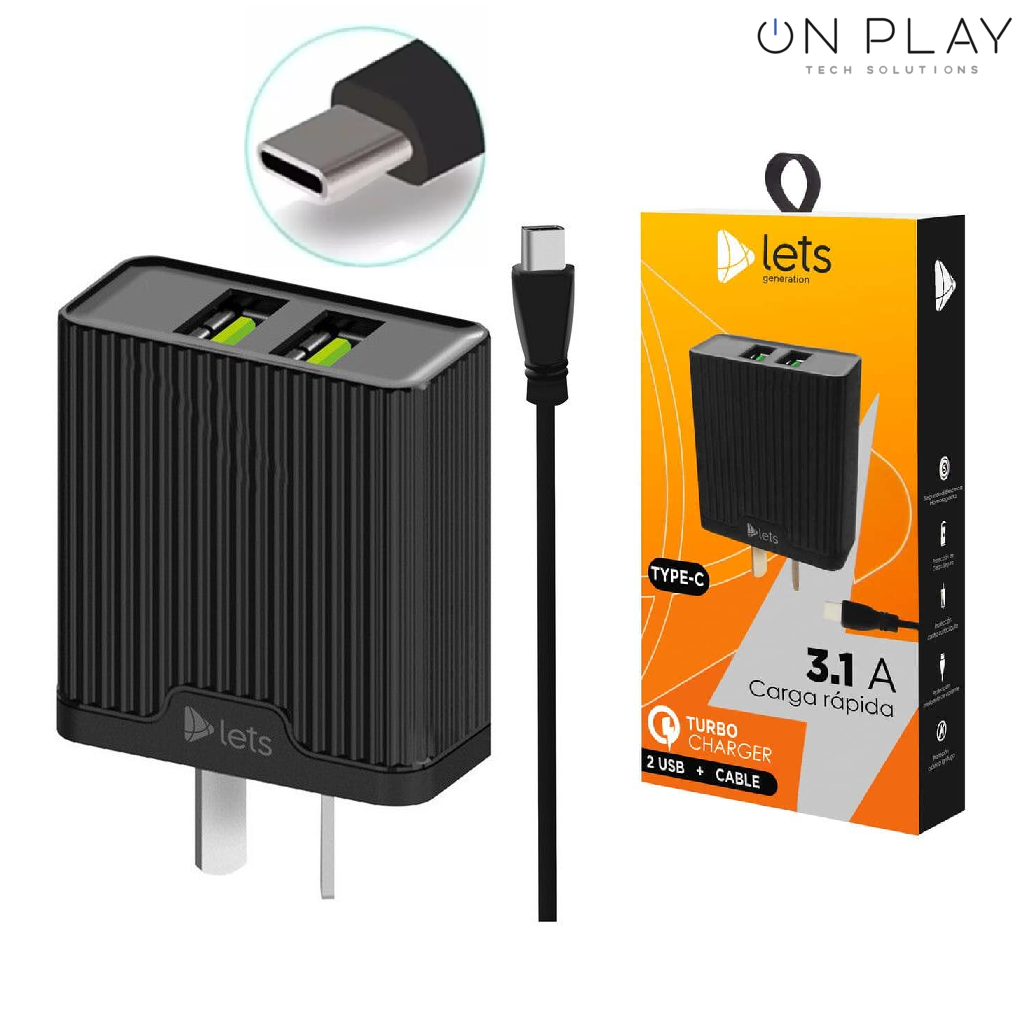 CARGADOR 220V LETS 3.1A CARGA RAPIDA 2 USB + CABLE TIPO C - Imagen 2