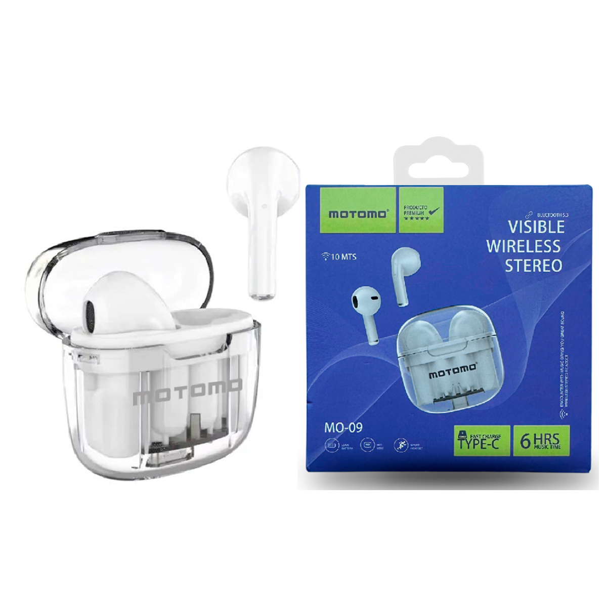 Audífonos Bluetooth Motomo Mo-09 Transparente Blanco - Imagen 2